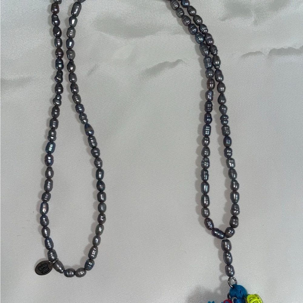 Juicy Couture Necklace (Gray Faux Pearls with Blue Tassel) - Rare/Discontinued